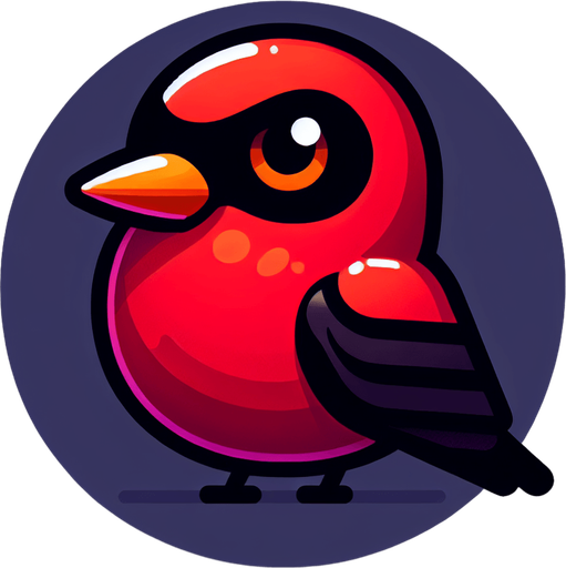 küçük kırmızı sağ tarafa doğru bakan siyah kaşlı turuncu gagalı bir kuş.
Single Game Texture. In-Game asset. 2d. Blank background. High contrast. No shadows.