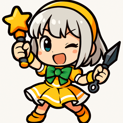 Esta chica tiene un diseño de estilo chibi anime, lo que le da un aspecto adorable y expresivo. Aquí va una descripción detallada:

🔸 Apariencia general:
Es una niña pequeña de proporciones caricaturescas, con cabeza grande y cuerpo diminuto, típica del estilo chibi.

🔸 Cabello:
Cabello platinado o gris, corto, llega hasta sus hombros. Flequillo recto.

🔸 Ropa:
Viste un traje colorido similar al de una idol japonesa:

Vestido amarillo y blanco con detalles verdes

Moño verde en el pecho

Falda con vuelo, adornada con líneas blancas y amarillas

🔸 Accesorios:

Lleva un micrófono con forma de estrella en una mano, lo que sugiere que es una cantante o idol.

En la otra mano, sostiene kunak, lo cual le da un toque de una ninja alegre
🔸 Expresión:
Tiene una expresión alegre, decidida y enérgica, como si estuviera lista para una canción. Un ojo cerrado y la boca abierta de felicidad, simulando que canta feliz para sus fans.
In-Game asset.  2d.  High contrast.  No shadows