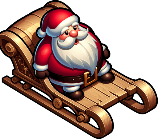 Santas sled, with santa in it Single Game Texture. In-Game asset. 2d. Blank background. High contrast. No shadows. Top down view