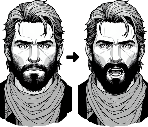 бородатый парень и он же с открытым ртом.
Single Game Texture. In-Game asset. 2d. Blank background. High contrast. No shadows.