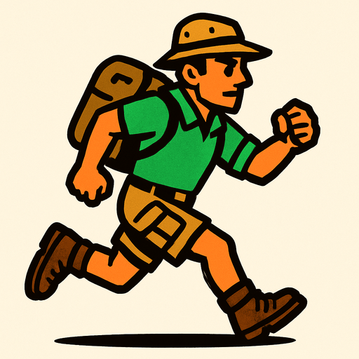 Safarici bir runner yeşil üstlü.
In-Game asset.  2d.  High contrast.  No shadows