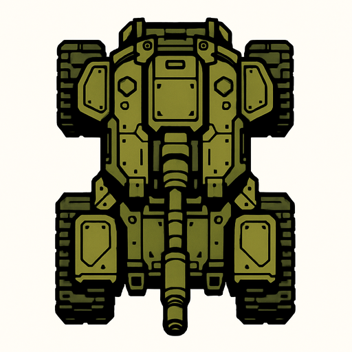 Top view of a Heavy armored military ground drone.
In-Game asset.  2d.  High contrast.  No shadows