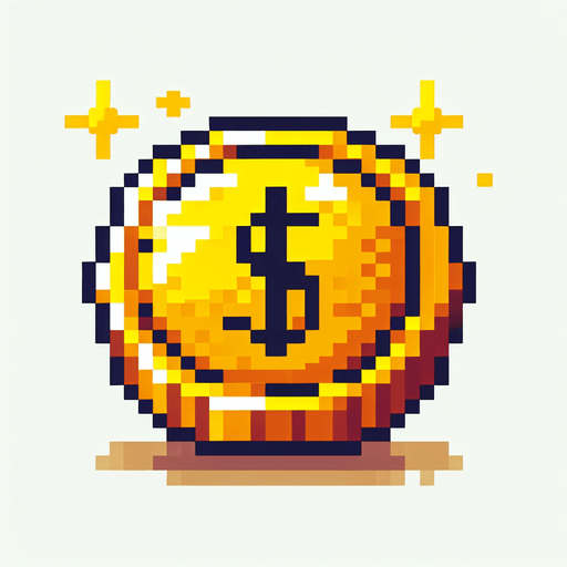 Золотая монетка.
Single Game Texture.  In-Game asset.  2d.  Blank background.  High contrast.  No shadows. pixel art