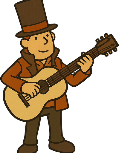 Gutair professor Layton game style.
In-Game asset.  2d.  High contrast.  No shadows