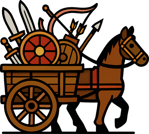 Kılıç kalkan ok yay gibi savaş malzemeleri taşıyan at arabası.
In-Game asset.  2d.  High contrast.  No shadows