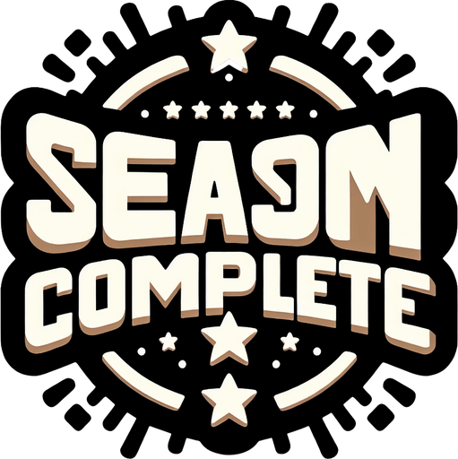 Create a SVG text design in bold cartoon style: "SEASON COMPLETE!" in chunky rounded letters with stars around it .
Single Game Texture. In-Game asset. 2d. Blank background. High contrast. No shadows.