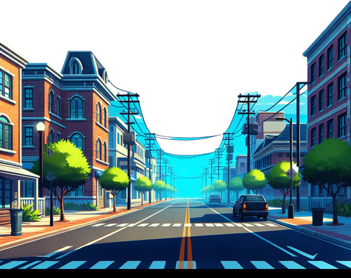 uma rua com ceu azul, fundo png.
Single Game Texture. In-Game asset. 2d. Blank background. High contrast. No shadows.