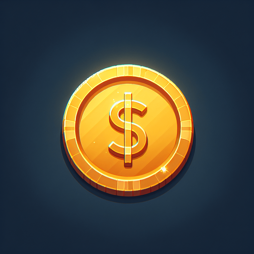 One gold coin.
Single Game Texture.  In-Game asset.  2d.  Blank background.  High contrast.  No shadows