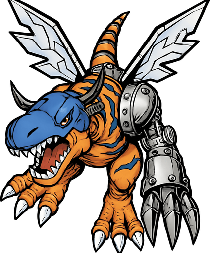 Metalgreymon, visto desde arriba, detalles altos, sin errores debe ser identico.
In-Game asset.  2d.  High contrast.  No shadows
