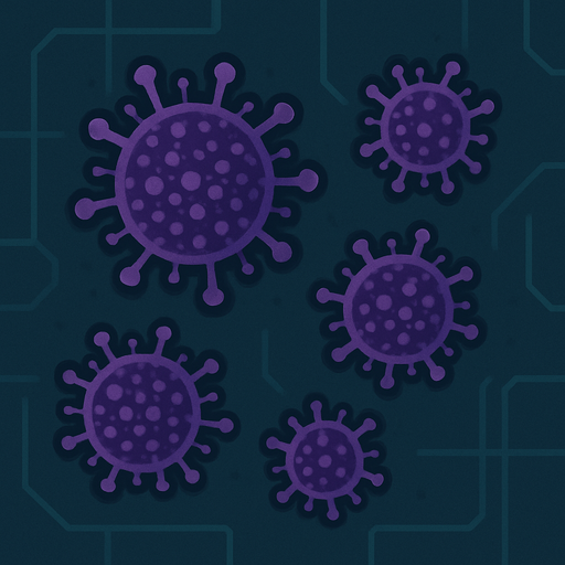 topdown view, small compact digital virus, dark purple core, clustered cell-like form, tiny spiky details, designed to appear in groups, minimal yet recognizable, fits motherboard environment.
In-Game asset.  2d.  High contrast.  No shadows