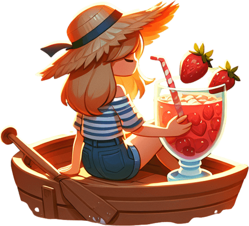 An idyllic llustration of a beach cove where a blnd girl in a strawhat i en joying an enormous strawberry drink on her sailing boat as the sun sets. Clean game art illustration style..
Single Game Texture. In-Game asset. 2d. Blank background. High contrast. No shadows.