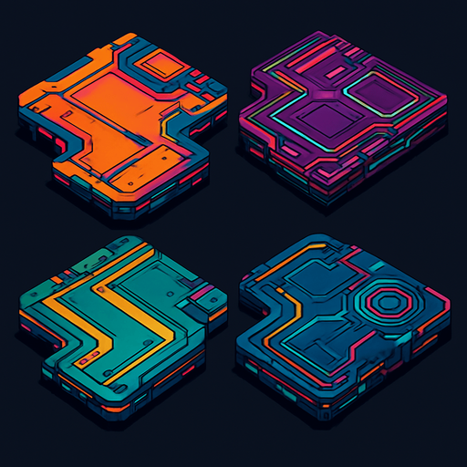Futuer complicated floors. Cyberpunk. Abstract. separated. Different colors. HD colors.
In-Game asset.  2d.  High contrast.  No shadows