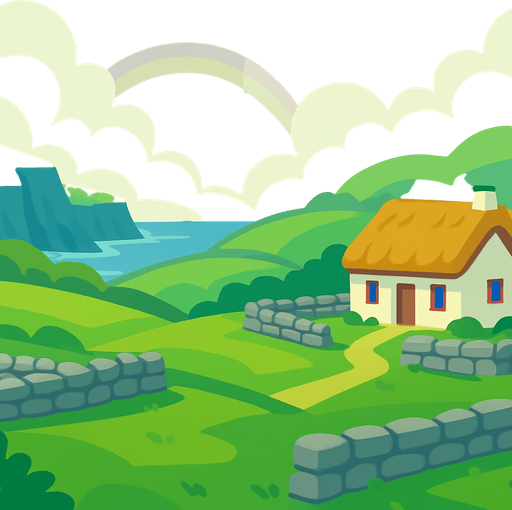 A 2D cartoon-style background inspired by the scenic countryside of Ireland. Include lush green rolling hills, stone fences, a small traditional Irish cottage with a thatched roof, and distant cliffs near the sea. Add a cloudy sky with a soft glow, and maybe a faint rainbow. Style it in vibrant, game-friendly vector or flat cartoon style. Perfect for a mobile music game featuring traditional Irish instruments. Export as a wide image (1920x1080) with no text or characters — just background..
In-Game asset.  2d.  High contrast.  No shadows
