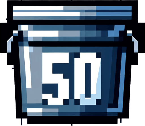 bucket with 50 text on it. front view. 
Single Game Texture. In-Game asset. 2d. Blank background. High contrast. No shadows. pixel. 8 bit
