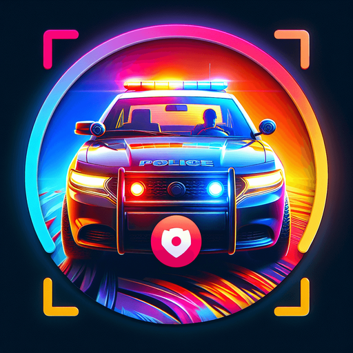 front of a police car with a silouhete of a driver.
video game style