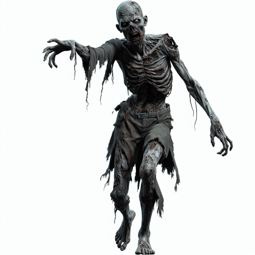 Zombie.
Single Game Texture.  In-Game asset.  2d.  Blank background.  High contrast.  No shadows