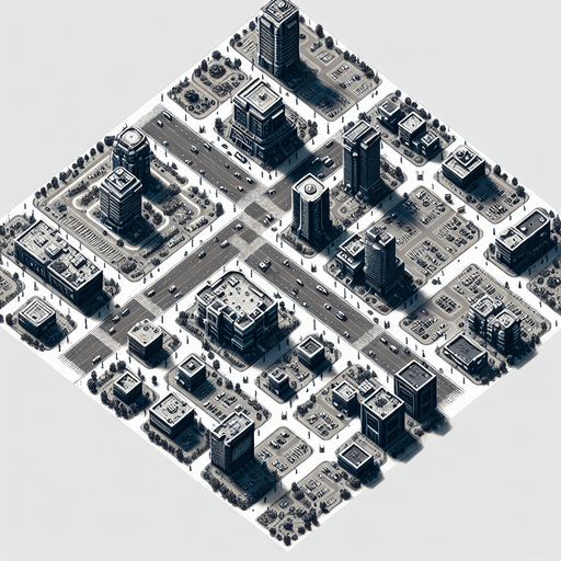 A top down view of a city.
Single Game Texture. In-Game asset. 2d. Blank background. High contrast. No shadows.