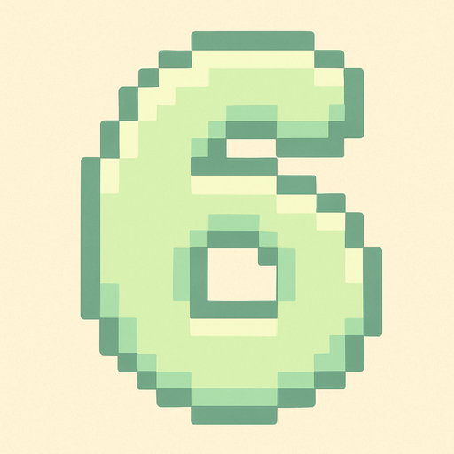 A pixel art number "6" designed for a cozy, cute retro 2D game UI with a bird theme. The number is rendered in soft pastel light green tones to harmonize with the gentle and sweet aesthetic of the game. It has a clean, simple, and rounded pixel style with no harsh edges, fitting perfectly within the pixel art UI style. The number is bold and easily readable at small sizes..
In-Game asset.  2d.  High contrast.  No shadows. pixel art. retro. 2d ui. number. pastel light green. simple. rounded edges. bold. cute. minimal