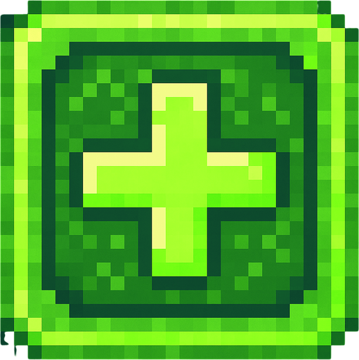 Pixel art of a green power-up icon with a heart or medical cross symbol inside. Represents healing in a 2D pixel arcade game. Glowing green, square icon.
In-Game asset.  2d.  High contrast.  No shadows