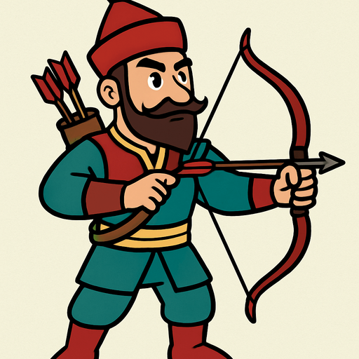 animasyon Çizgi dizi tarzında bir Osmanlı okçusu.
In-Game asset.  2d.  High contrast.  No shadows