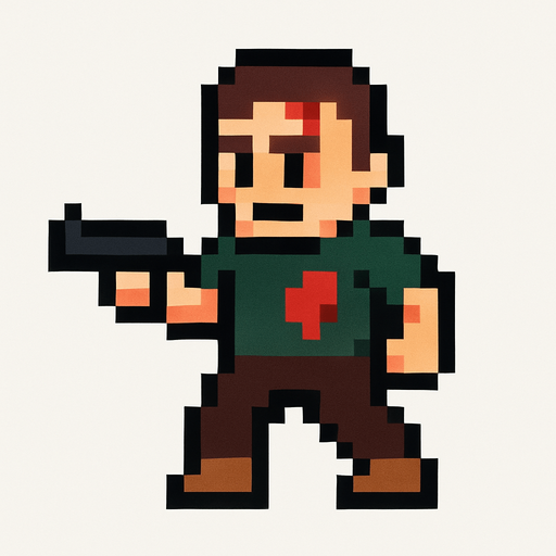 16x16 pixel wounded guy holding pistol.
In-Game asset.  2d.  High contrast.  No shadows. pixel art. retro arcade game