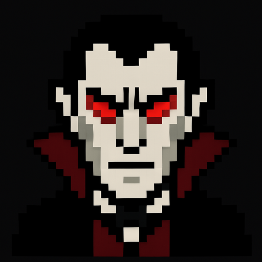 make pixel red eye dracula.
In-Game asset.  2d.  High contrast.  No shadows