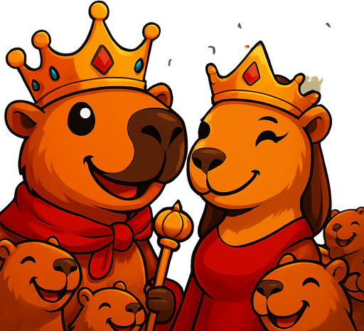 Utilizando este rey. Pon de fondo un castillo. Al rey feliz con su reina. Los capybaras subditos alrededor felices.