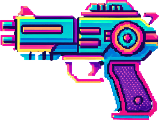 Pistola futurista, retro, neon, pixelart.
In-Game asset.  2d.  High contrast.  No shadows