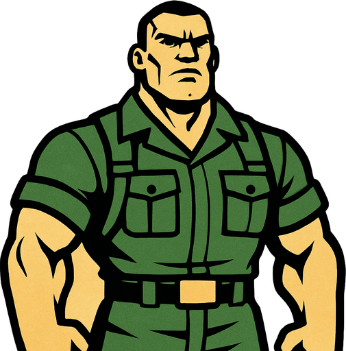 2d strong man wearing a uniform of military without helmet and looking strong.
In-Game asset.  2d.  High contrast.  No shadows