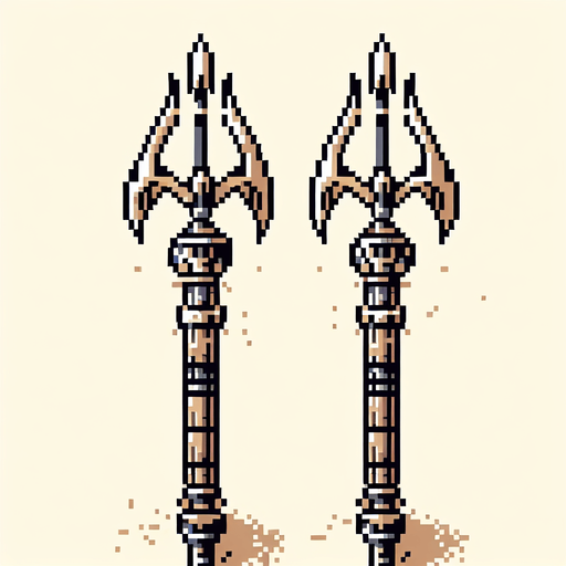 two harpoons looking up, retro, pixel.
Single Game Texture. In-Game asset. 2d. Blank background. High contrast. No shadows.