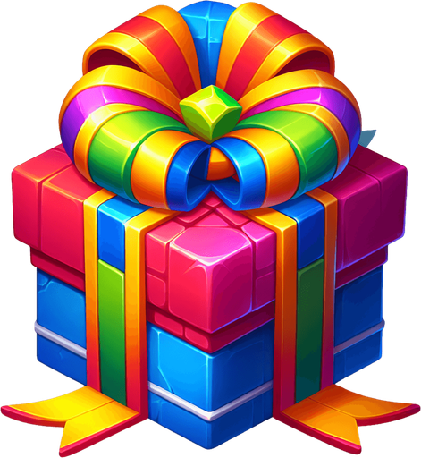 bright 3d present with bow, vivd colours.
Single Game Texture. In-Game asset. 2d. Blank background. High contrast. No shadows.