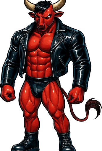 idle animation hunky Minotaur man Cyberpunk manga, minotaur monster hunk, shiny black leather biker jacket longsleeves shirtless muscles, jockstrap combat boots, Background removed, "Full-body character, entirely in frame, no cropping of face, head, or feet" "Complete character visible, from horns to hooves, fully centered in the image" "Entire character, including face and boots, fully within the frame" Character fully contained within a square frame, no edges cut off fashion model idle pose