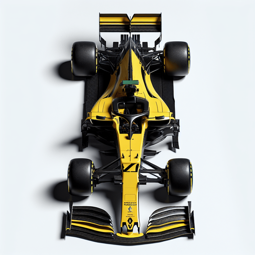 Alonso F1 Renaiult race car. Top View..
Single Game Texture. In-Game asset. 2d. Blank background. High contrast. No shadows.