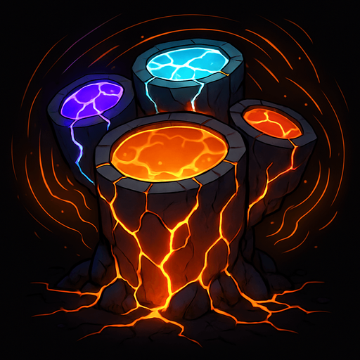 Una estructura imponente, como una batería gigante, con tambores hechos de cristales vibrantes o rocas volcánicas incandescentes. Podría tener vetas de energía luminosa (magma, hielo o electricidad) recorriendo su superficie, y un aura de pulsaciones rítmicas visibles. La base podría estar agrietada por la energía que emana..
In-Game asset.  2d.  High contrast.  No shadows