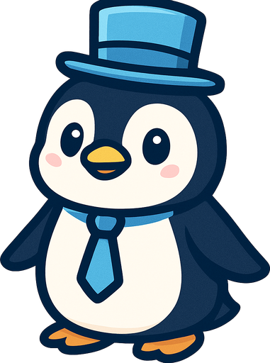 A cute penguin with a light blue top hat and light blue neck tie.
In-Game asset.  2d.  High contrast.  No shadows