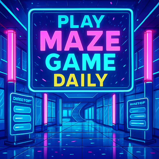 “Render a futuristic plaza interior with holographic directories, neon columns, and reflective glass panels. A massive overhead display reads ‘Play Maze Game daily’ in bold animated text. Include drifting digital confetti effects, subtle rain droplets on glass, and ambient neon glow—no characters or coins.”.
In-Game asset.  2d.  High contrast.  No shadows