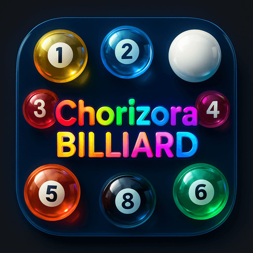Modern App Store icon, high definition, square with rounded corners, transparent glass neon balls of billiard, high definition, HD colors, for a game named it "Chorizora Billiard". with text on the middle of the icon with many colors "Chorizora Billiard" !
