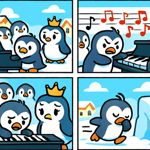 4-panel comic strip, no text, cute cartoon style, bright colors, black outlines.
Characters: Penguin Hero (small, determined) + Penguin Princess (elegant, crown) + Village Penguins
Central Theme: Music connects hearts, piano mastery wins love. Story: Hero's biggest challenge - public performance disaster

Panel 1: Hero attempts to play for Princess at village gathering
Panel 2: Makes terrible mistakes, wrong red notes everywhere, crowd looks shocked
Panel 3: Princess looks disappointed, Hero devastated and embarrassed
Panel 4: Hero runs away, hiding behind ice block, feeling defeated
In-Game asset.  2d.  High contrast.  No shadows