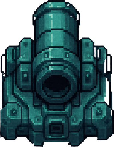 top down sci-fi fat barrel cannon, teal metal, pixel art