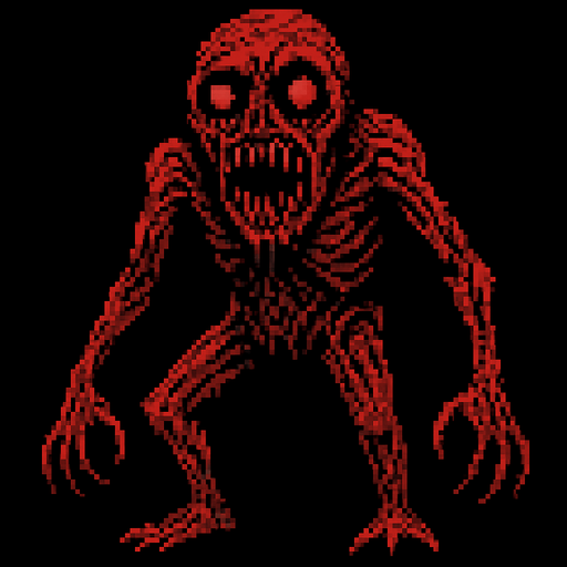 Make a horrifying 8 bit monster that is very scary and disturbing.
In-Game asset.  2d.  High contrast.  No shadows