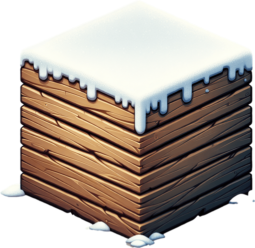 A wooden plan with snow on top edge. In game gui element. Flat front view. Single Game Texture. In-Game asset. 2d. Blank background. High contrast. No shadows.