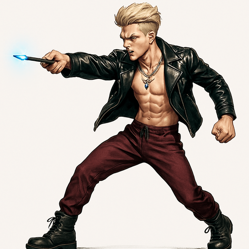 Cyberpunk manga man blonde undercut pompadour shiny black leather biker jacket longsleeves shirtless thin abs pecs necklaces gemstone tipped wand side profile view, action shot wand pointed straight in front arm extended wand casting spell feet planted, standing upright fierce fashion pose animation blonde undercut pompadour, vampire fangs, wine red joggers, combat boots, Background removed, "Full-body character, entirely in frame, no cropping of face, head, or feet" "Complete character visible, from head to toe, fully centered in the image" "Entire character, including face and shoes, fully within the frame" Character fully contained within a square frame, no edges cut off,