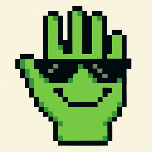 make an 2d green pixel hand palm with sun glasses and smile.
In-Game asset.  2d.  High contrast.  No shadows