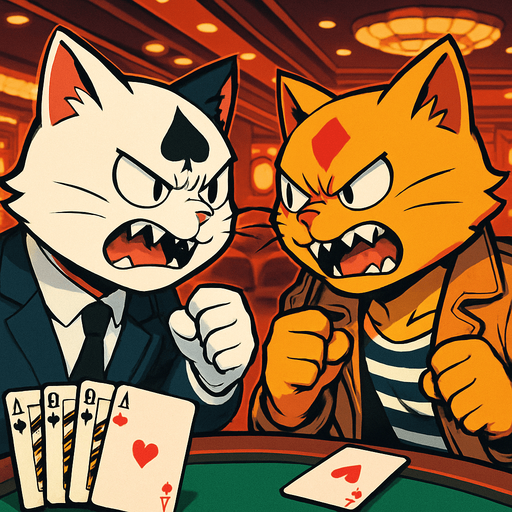 A 2:3 ratio rectangular picture that shows two card playing cats in a casino very close face to face with teeth bared and fists clenched as if they’re about to fight. Each cat has a different card suit pattern on the fur of their forehead. One is wearing a suit and the other is wearing tan leather jacket with a striped tank top underneath. Anime style..
In-Game asset.  2d.  High contrast.  No shadows