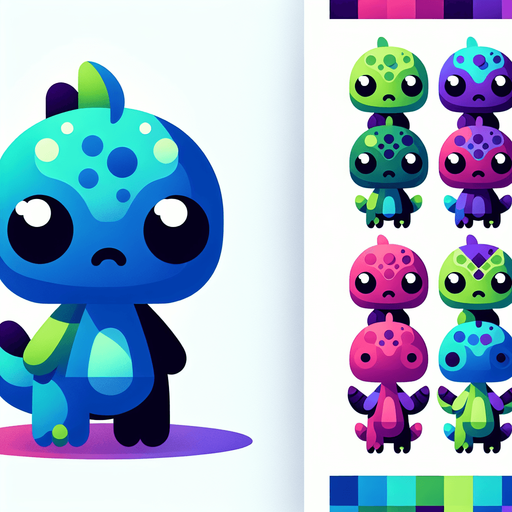 tatlış yaratık mavi yeşil mor pembe renklerinde.
Single Game Texture.  In-Game asset.  2d.  Blank background.  High contrast.  No shadows