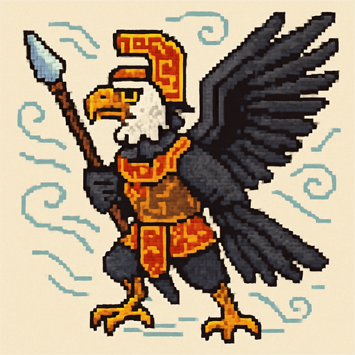 Generame un guerrero azteca con patrones, estilo pixelar, además será un Cóndor de los Andes, unidad voladora con alas, con efectos de viento.
In-Game asset.  2d.  High contrast.  No shadows