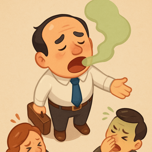 An office worker with extremely bad breath. People getting close get sick.. Full body viewed from the above. Cute soft graphics. soft ambient light. semi-matte to satin surfaces. naturalistic with slight saturation boost colors. Tone is premium, friendly, clean with lifestyle or service-oriented appeal.
In-Game asset.  2d.  High contrast.  No shadows. top down. View from above.