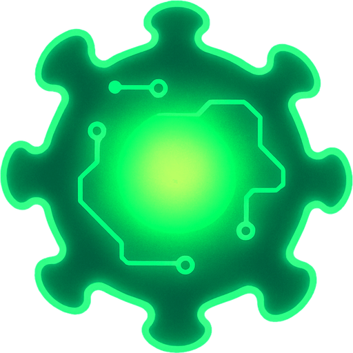 topdown view, simple digital virus blob, glowing green core, minimal circuit-like lines on surface, smooth rounded shape, fits motherboard environment, futuristic style.
In-Game asset.  2d.  High contrast.  No shadows