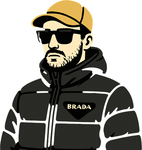 siyah renk prada montlu bir adam görseli oluştur , bu montu giyen adam sarı şapkalı , siyah güneş gözlüklü , hafif kirli sakallı bir tip olsun. prada yerine görselde "BRADA" yazsın
In-Game asset.  2d.  High contrast.  No shadows