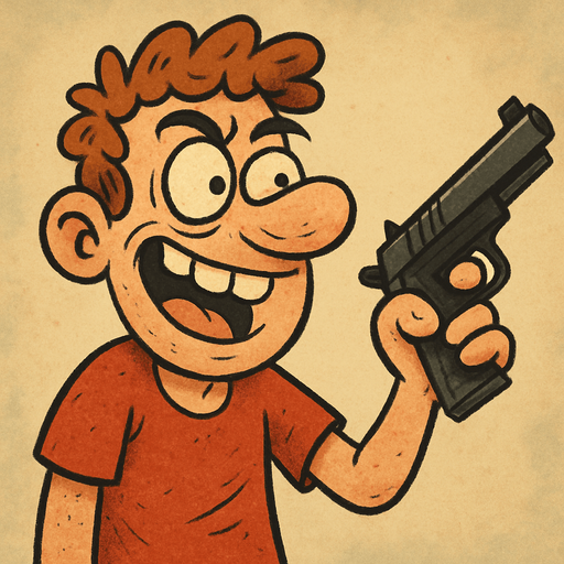 şakaci komik yüzlü salak gözüken ama cesur bir karakter pistol tutuyor.